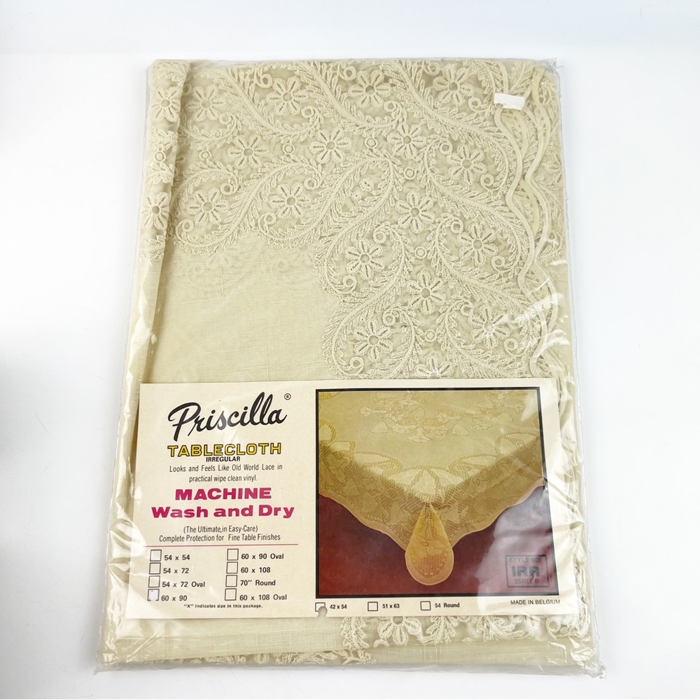 NEW Vintage Priscilla Ivory Tablecloth 60x90 Old World Lace Vinyl Belgium READ